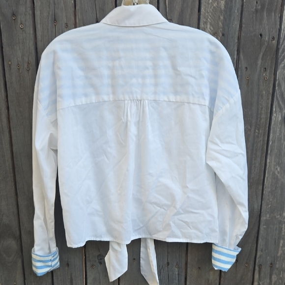 Anthropologie White and Blue Button-Down Tie Front Shirt - Picture 5 of 7